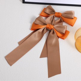 Big Hair Ribbon Hair Bows 2pc Solid Silky Satin Ponytail Holder Accessories Slides Metal Clips with Long Tail for Women Girls Toddlers Teens Kids Set Orange-Khaki, 5.5inch