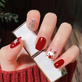 Christmas Press on Nails Short Square Fake Nails White Snowflake Cute Deer Acrylic Nails Gold Glitter Glue on Nails Reusable Red Stick on Nails for Women Winter Xmas Manicure