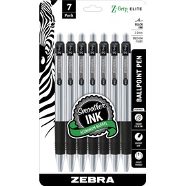 Zebra Pen Z-Grip Elite Retractable Ballpoint Pen, Metal Barrel, Medium Point, 1.0mm, Black Ink, 7-Pack (27617)