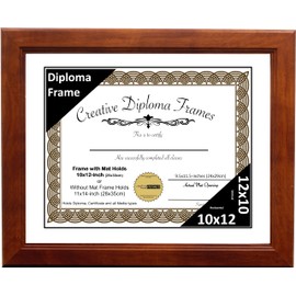 Creative Picture Frames 10x12 Walnut Finish Diploma Frame with White Mat Glass Easel and Installed Wall Hangers | Frame Holds11x14 Media without Mat