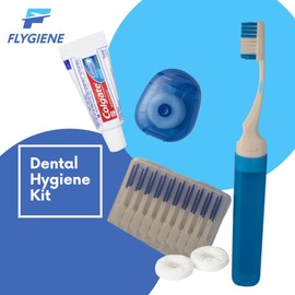 FLYGIENE - Smile On - Dental Hygiene Kit - Oral Care Kit w/Travel Toothbrush,Toothpaste, Floss, Interdental Picks & Mints - Complete Oral Hygiene Kit - Reusable Plastic Case with Zipper Closure