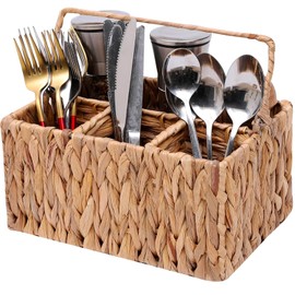 QUCHRYO Kitchen Flatware Caddy Utensils Organizer Wicker Picnic Baskets with Handle, Hand Woven Water Hyacinth Cutlery Holder,for Kitchen Dining Table, Restaurant, Cabinet.