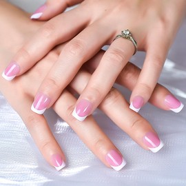 LINSSQ Press on Nails Glossy Pink French Fake Nails Medium Length Squoval False Nail Art Tips Reusable Acrylic Finger Nails Gifts for Women Girls