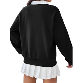 Remidoo Women's Contrast Collar Sweatshirt Casual Oversized Long Sleeve Pullover Black Large