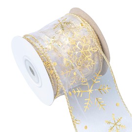 AWAVM Christmas Tree Ribbon, Christmas Ribbon Glittery Snowflake Organza 2.5 Inch X 11 Yard with Spool, Wired Ribbon for Christmas Decor Gift Packaging Crafts Party Decoration (Gold)