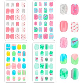 96 Pcs Fake Nails for Kids Press on Nails Full Cover Girls Short Stick on Nails Pre-glue False Nail Tips for Girls Kids Nail Art Decoration Party Favors (Pink & Green)