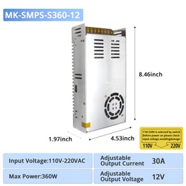 MK-SMPS-S360-12 DC 360W Switching Power Supply Converter, AC 110V-220V to DC 12V Power Supply Transformer Driver Adapter, Universal Regulated Switching 30A for Strip 3D Printer CCTV Camera Motor Pump