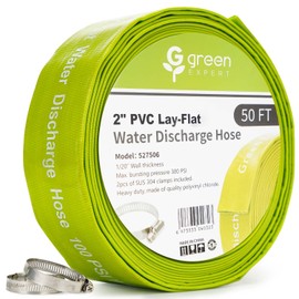 Green Expert 2 inch ID Lay Flat Discharge Hose 50 feet with Clamps Reinforced PVC Water Drain Hose Heavy Duty for Sump Pumps Quickly Water Removal Pool Backwash Filter Accessory Green 527506