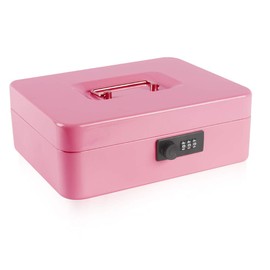 Kyodoled Large Cash Box with Combination Lock,Safe Metal Money Box with Money Tray for Security Lock Box 9.84"x 7.87"x 3.54" Pink Large