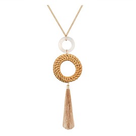 UYT Tassel Pendant Necklace Handmade Straw Wicker Braid Statement Pendant Y-Shaped Long Chain Necklace for Women