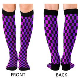 Pigsaly Purple Black Checkerboard Women's Compression Socks Buffalo Check Plaid Athletic Tube Sock Unisex Casual Knee High Socks Outdoor Sport Socks For Running Hiking Travel