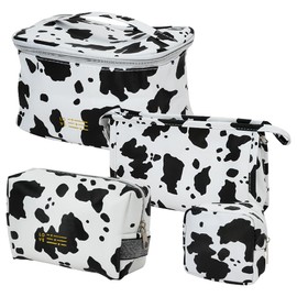 Mulaibdin 4 Pcs Makeup Bag, Cows Travel Toiletry Bags for Women, Cute Cosmetic Organizer Pouch with Small Make Up Bag Leather Waterproof Handbag (White)