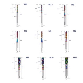 WEXWE Tools DLC Coating Spiral Flute Taps High Speed Steel (HSS) 3 Flutes Machine Screw Tap Set Metric M2 M2.5 M3 M4 M5 M6 M8 M10 M12 Thread Tapping Tool 9cps