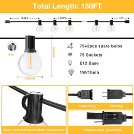 String Lights for Outside 150FT,Dimmable Waterproof Outdoor String Lights with 75+2 Shatterproof G40 Globe Bulbs Connectable LED Patio Lights, Commercial Hanging Lights for Christmas Backyard Party