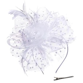 QIYIFAN Women's Feather Mesh Flower Fascinator with Headband and Clip Wedding Tea Party Fascinator Hats for Ladies White