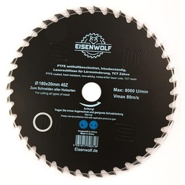 180 x 20 mm Saw Blade, Circular Saw Blade for Wood with 40 Tilted TCT Teeth, PTFE Non-Stick Coating and Laser Cuts for Noise Reduction