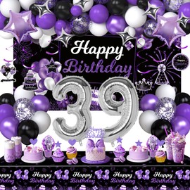 Miidenks 39th Birthday Decorations Set for Women, Purple Black Happy 39 Birthday Party Decorations with Birthday Backdrop Banner Birthday Tablecloth 39 Number Balloons for Her