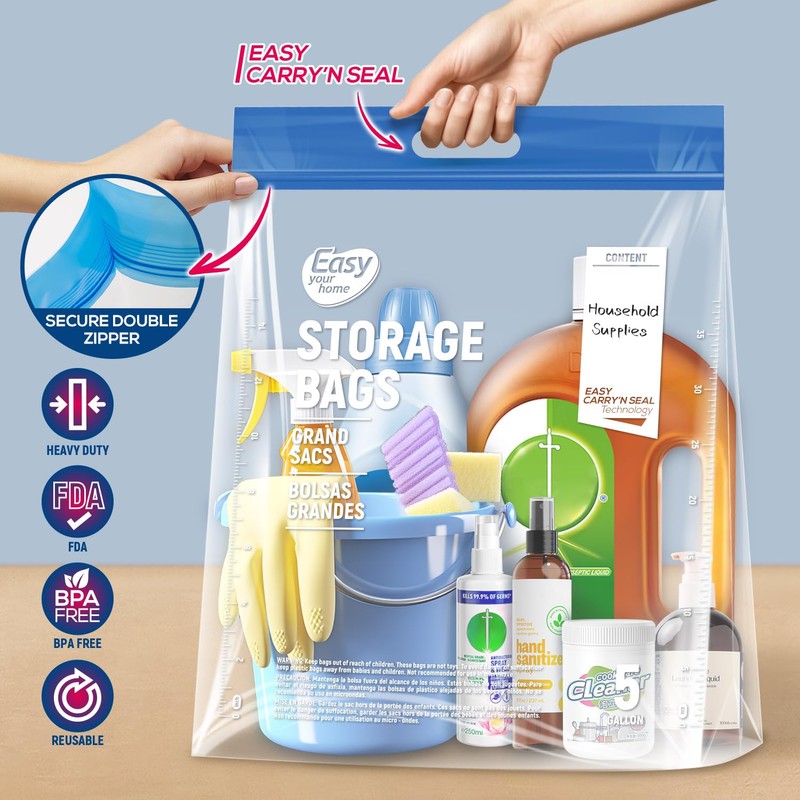 EASYYOURHOME 5PCS 5 Gallon Zipper Lock Plastic Bags with Handle