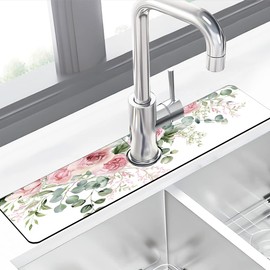 Faucet Mat for Kitchen Sink Watercolor Floral Pink Flowers Sink Splash Guard Behind Faucet Soft Diatom Mud Material Non-slip Easy to Clean for Bathroom & Kitchen 24"X5.5"