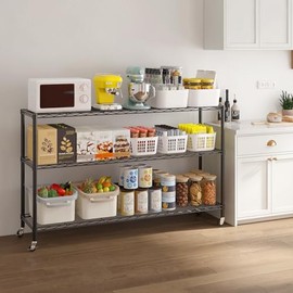 Ynredee Storage Shelves Unit,3 Tier Shelf Organizer,Metal Garage Shelving Unit with Adjustable Feet & Wheel,Space-Saving Shelves Organizer for Home,Pantry,Laundry