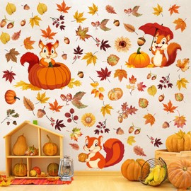 107 Pcs 6 Sheets Thanksgiving Fall Leaves Wall Decals Squirrel Acorn Pumpkin Autumn Wall Decals Peel and Stick Removable Wallpaper Thanksgiving Stickers for Window Living Room Home