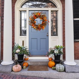 KORSMV Artificial Fall Wreath Autumn Door Wreath with Cape Gooseberry,Eucalyptus Leaf,Magnolia Leaf,Grain Ear,Bitter Sweet Berry for Front Door Indoor Outdoor Farmhouse Home Wall Window Festival Decor