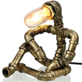 VIHOSE Steampunk Table Lamp, Creative Pipe Robot Lamp, Vintage Industrial Water Pipe Light for Bedside Nightstand Reading Room Office Cafe Bar Decor Father's Day Men Gifts
