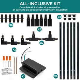 H Track Lighting Rails Kit - iCreating 20ft Black Track Light Tracks 3 Wire with Floating Canopy Connector, I and L Connectors for Single Circuit H Type LED Tracks Lighting Head Fixtures