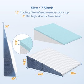 Welzona Wedge Pillow for Sleep, 7.5inch Bed Wedge Pillow for Headboard, Acid Reflux, Heartburn, GERD, Neck Pain, Cooling Memory Foam Top, Removable Washable Cover Wedge Pillow for Improved Sleep