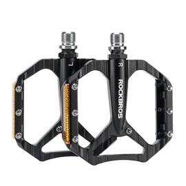 ROCKBROS Bike Pedals with Anti-Slip Pins, Aluminum Wide Platform with Reflectors, Single Sealed Bearing, 9/16”Durable Bicycle Flat Pedals Universal for Road, MTB, BMX, Gravel, City Bikes, Black