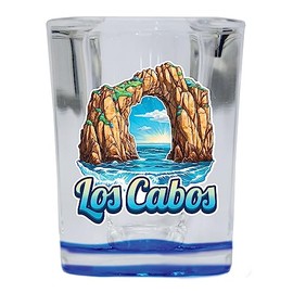 R and R Imports Los Cabos Mexico Design C Souvenir 2.5 Ounce Shot Glass Square Blue Base Single
