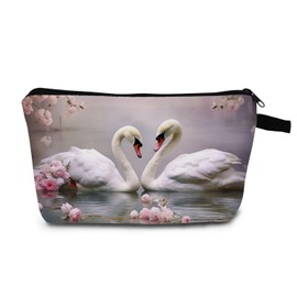 MoCaliduccious Heart-Shaped Swans Print Cosmetic Bag Romantic Gift for Birthdays & Holidays Zippered Love Story Organizer Timeless Gift for Soulmates