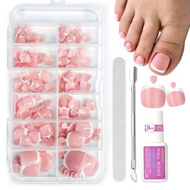 French Fake Toe Nails Set - 120PCS Short Square False Toenails Kit With Glue - White French Tip Pink Stick On Toenails - Glossy Full Cover Acrylic False Toe Nails For Women Girls Nail Art DIY Gift