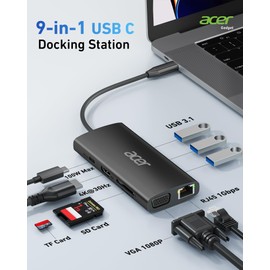 Acer USB C Hub with 4k HDMI, 9-in-1 USB C to Ethernet Adapter, 5Gbps USB-A 3.0 Docking Station, PD 100W Charging, SD Card Reader, USB to VGA Splitter for MacBook, Acer, Laptops, Surface (Black)