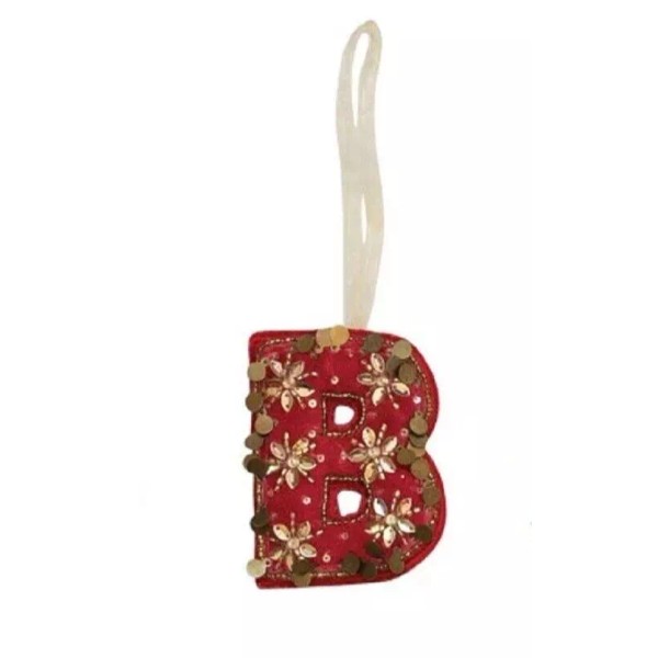 Creative Co-Op Monogram Initial Red Velvet Beaded Ornament Letter "B"