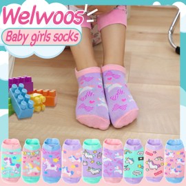 Welwoos Baby Girls Toddlers Grips Socks Kids Non Slip Anti Skid Ankle Unicorn Gift Cotton No Show Socks with Grippers 9 Pairs (Colorful Unicorn, 5-8 Y)
