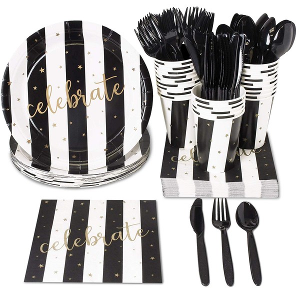 Celebratory Black and White Party Bundle, Includes Paper Plates, Napkins, Cups, and Cutlery (Serves 24, 144-Pieces)