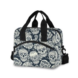 ALAZA Lunch Bags for Women Girls Boys, Skull and Flower Insulated Lunch Box with Shoulder Straps and Handle, Crossbody Tote Lunch Bag for School Office