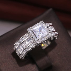925 Sterling Silver Sparkling Diamond Square Ring, Fashionable Square Diamond, Moselle Diamond Engagement and Proposal Diamond Ring, Holiday Gift