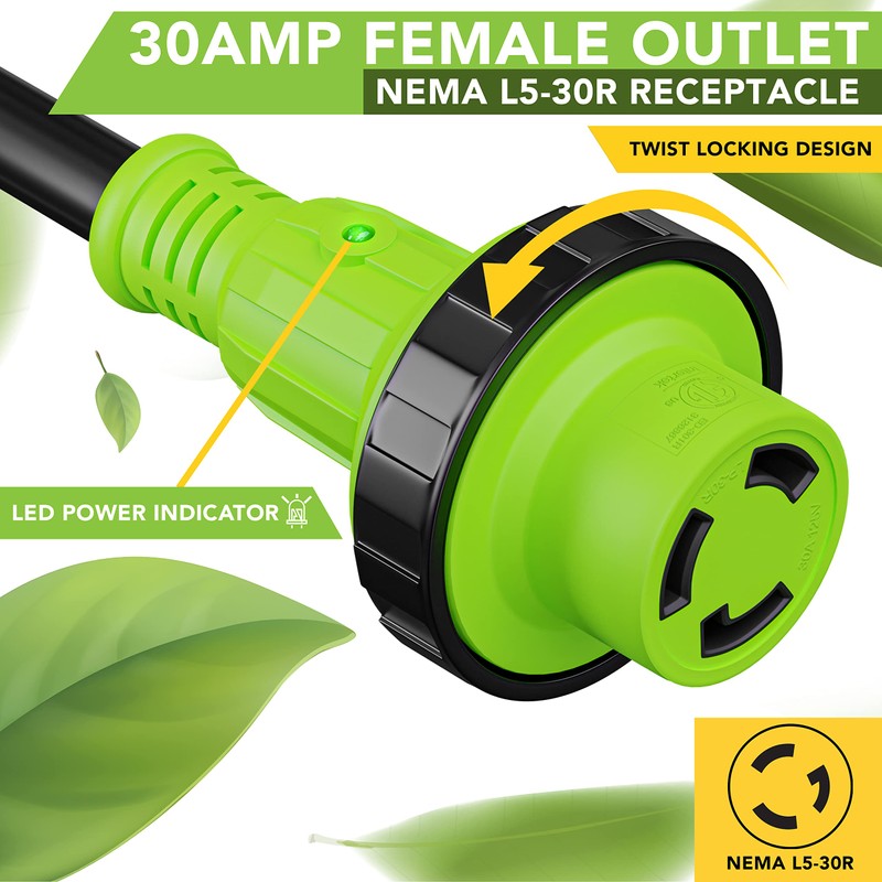 Leisure Cords 25' Power/Extension Cord with 30 AMP Male Standard/30