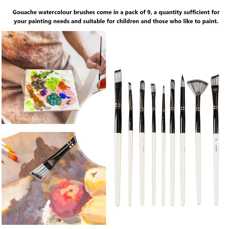 9pcs Gouache Watercolour Brushes Nylon Wool Rustproof Strong Water Absorption