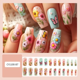 Flower Press on Nails Long Length Colorful Floral Butterfly Pattern Design Full Cover Artificial False Nail Spring Summer Press Ons Stick on Nail Acrylic Square Glue on Nail for Women Manicure Kit