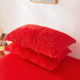 Fuzzy Red Pillow Cases 26"x20", Faux Fur Furry Shaggy Plush Fluffy Decorative Red Pillow Covers Set of 2, Standard Velvet Cushion Cover with Zipper for Bedroom Interior