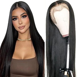 Hxxcoup Human Hair Wig Straight Natural Black 13x4 Lace Front Echthaar Perücke Schwarz Perücke Damen Glueless Wear and Go Blenched Knots with Baby Hair for Woman No Smell 30 Zoll