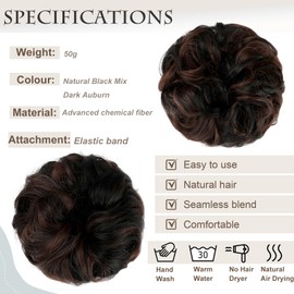 FeidyLong 2 PCS Messy Bun Hair Piece Wavy Curly Scrunchies Synthetic Chignon Ponytail Hair Extensions Thick Updo Hairpieces for Women Girls(Natural Black Mix Dark Auburn)