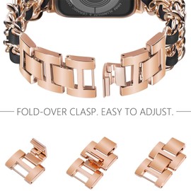Compatible with Cubitt Viva Pro Bands, Quick Release Jewelry Chain Metal Wristband with Leather Compatible with Cubitt Viva Pro, Viva, Aura Pro, Aura Smart Watch (Rose Gold&Black, 22mm size band)