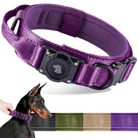2025 Upgrade Waterproof AirTag Dog Collar, Military Tactical Dog Collar with AirTag Holder, Comfortable Control Handle and Metal Buckle, GPS Dog Collar Holder for Medium to Large Dogs (Purple, M)