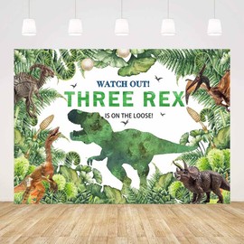 AIBIIN 7x5ft Three Rex Dinosaur Birthday Backdrop, Vinyl Material, Clear Color, Ideal for Photography & Party Decorations