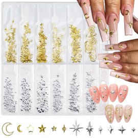 Yamobi 400 pieces 3D nail charms gold silver, star moon nail charms glitter stones for nails, metallic star rhinestones, DIY nail decoration, manicure accessories