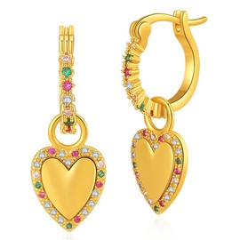 JNONL Dainty 14K Gold Plated Cubic Zirconia Heart Small Hoop Earrings Charm Mini Sparkly Colorful Crystal Love Heart Dangle Drop Huggie Earrings for Women (Gold Love Heart Earrings)